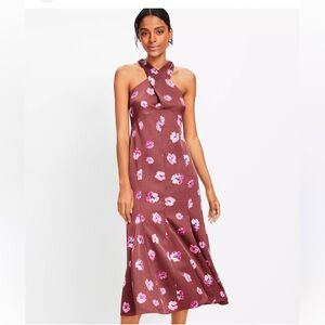 Loft Ikat Buttercup Satin Godet Halter MIDI Dress Size 10